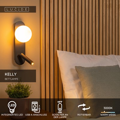 Lucide KELLY - Bettlampe / Wandleuchte - LED - 1x3,5W 3000K - Schwarz